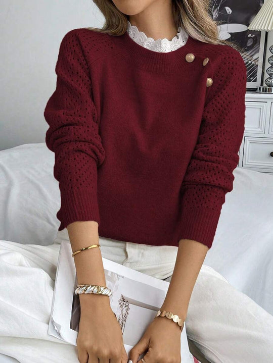 Damen Strickpullover mit dekorativen Knopfdetails und Lochmuster Heidi-Mode