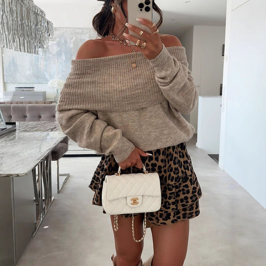 Damen lässiger Off-Shoulder Pullover mit Rippenstruktur Heidi-Mode