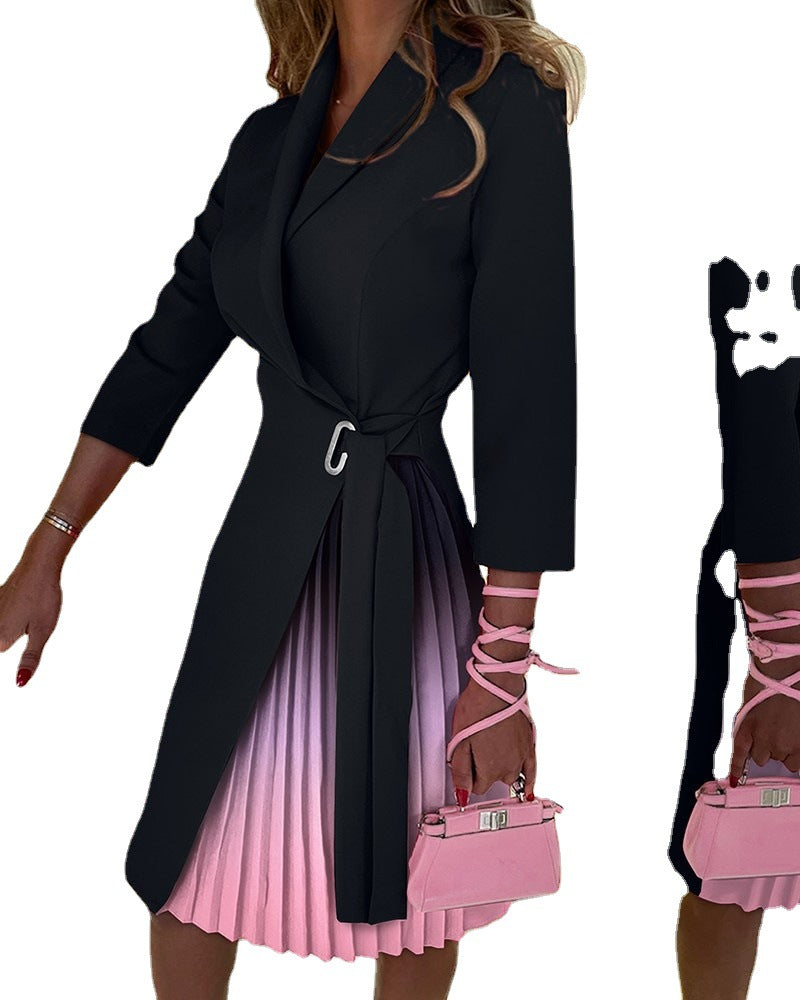 Damen Plissiertes Kleid mit Wickelgürtel und modernem Kontrast Heidi-Mode