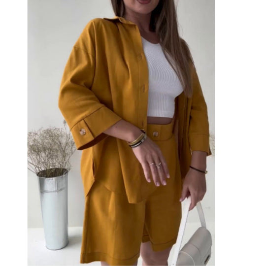 Heidi-Mode | Locker Langarm-Top Lässige Hochbund-Shorts Zweiteiliges Set