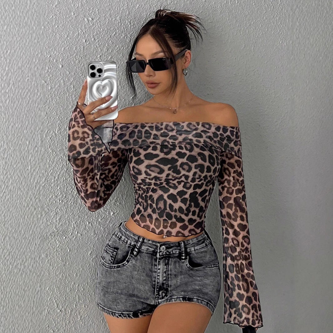 Damen Schulterfreies Oberteil mit Leopardenmuster und weiten Ärmeln Heidi-Mode