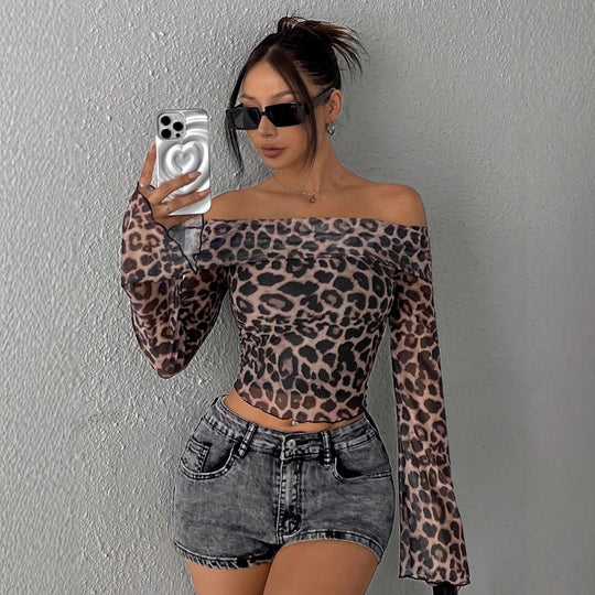 Damen Schulterfreies Oberteil mit Leopardenmuster und weiten Ärmeln Heidi-Mode