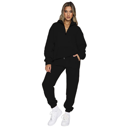 Damen gemütlicher Two-Piece Sweatsuit mit halbem Reißverschluss und praktischen Taschen Heidi-Mode