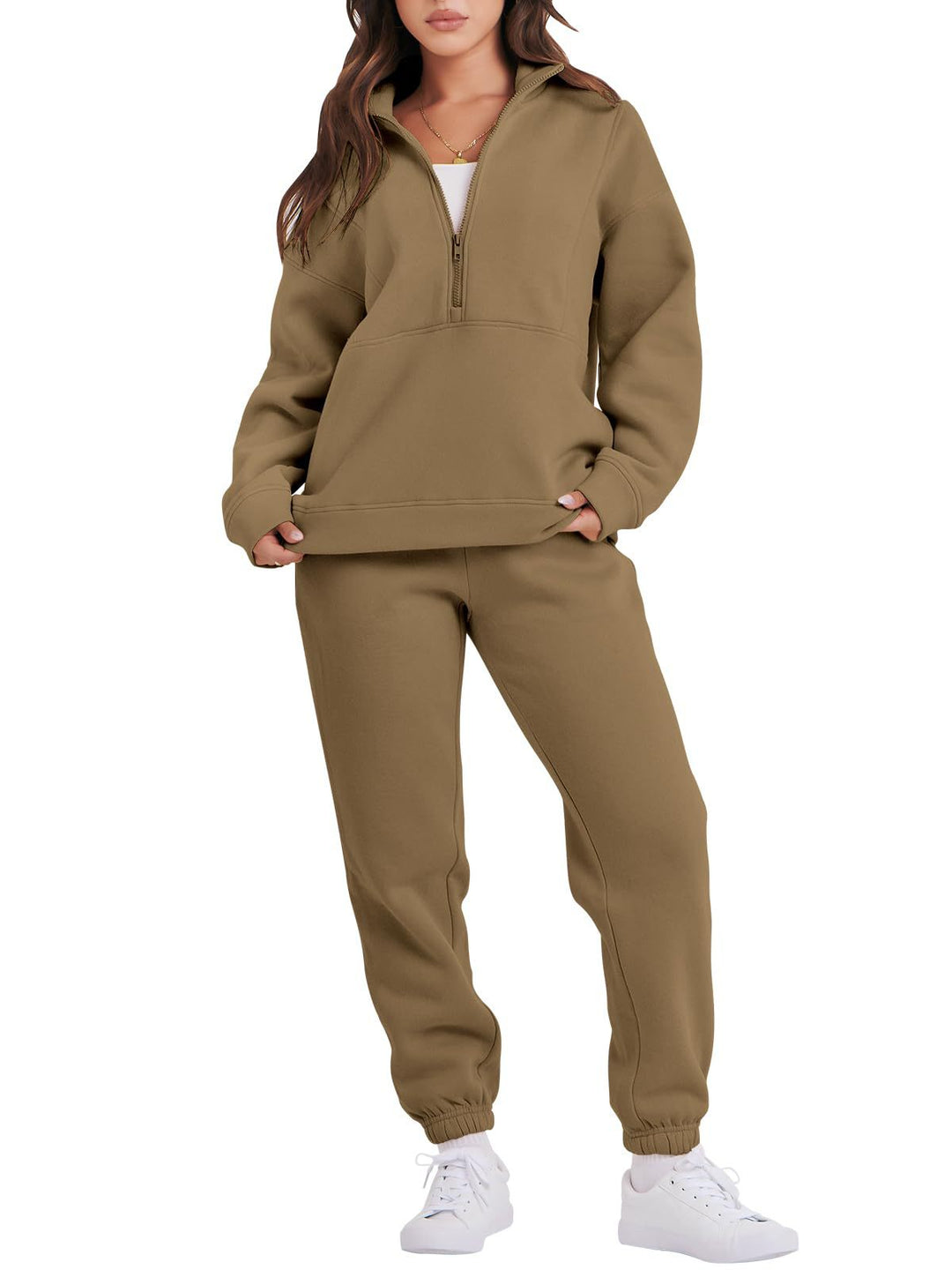 Damen Sportlicher Fleece-Jogginganzug mit halbem Reißverschluss Heidi-Mode