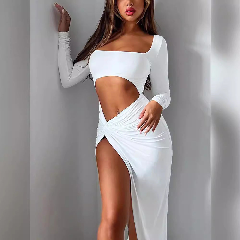 Damen Cut-Out Maxikleid mit langer Ärmel und hohem Schlitz Heidi-Mode