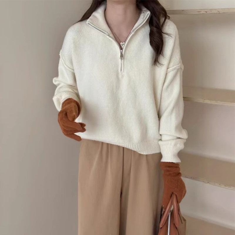 Damen lässiger Pullover mit kurzem Reißverschluss und entspannter Passform Heidi-Mode
