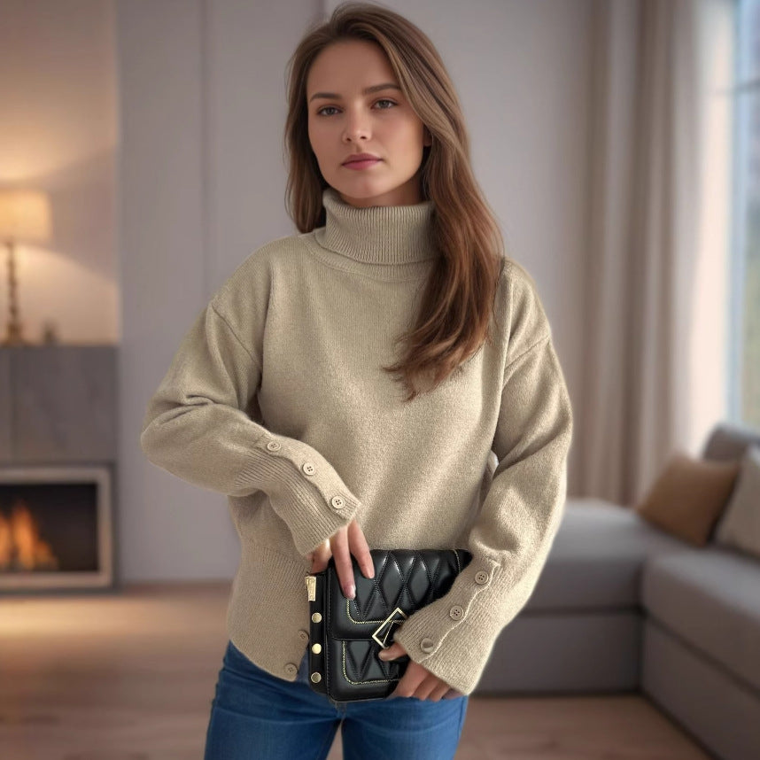 Damen modischer Rollkragenpullover mit Knopfdetails und asymmetrischem Saum Heidi-Mode