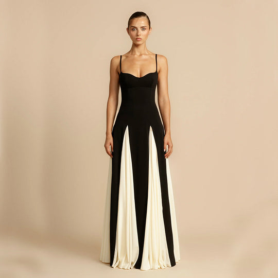 Damen Elegantes Maxikleid mit kontrastrierenden Stoffbahnen und schmalen Trägern Heidi-Mode