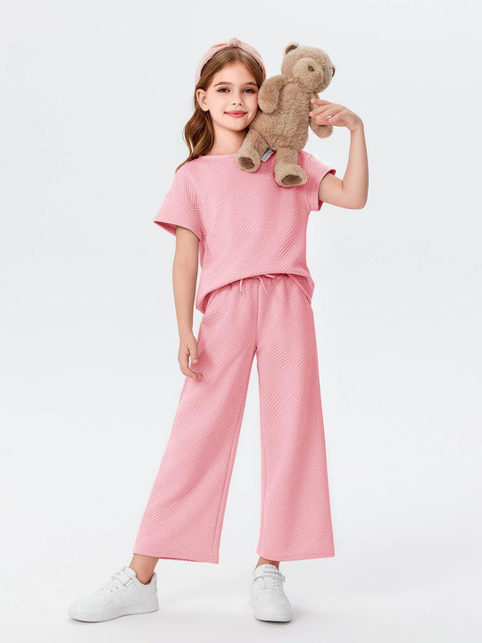 Damen lässiges Kurzarm-Oberteil und weit geschnittene Lounge-Hose Set Heidi-Mode