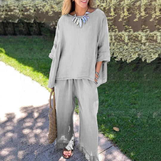 Damen lässiges Leinen-Outfit mit weitem Schnitt und angeschnittenen Ärmeln Heidi-Mode