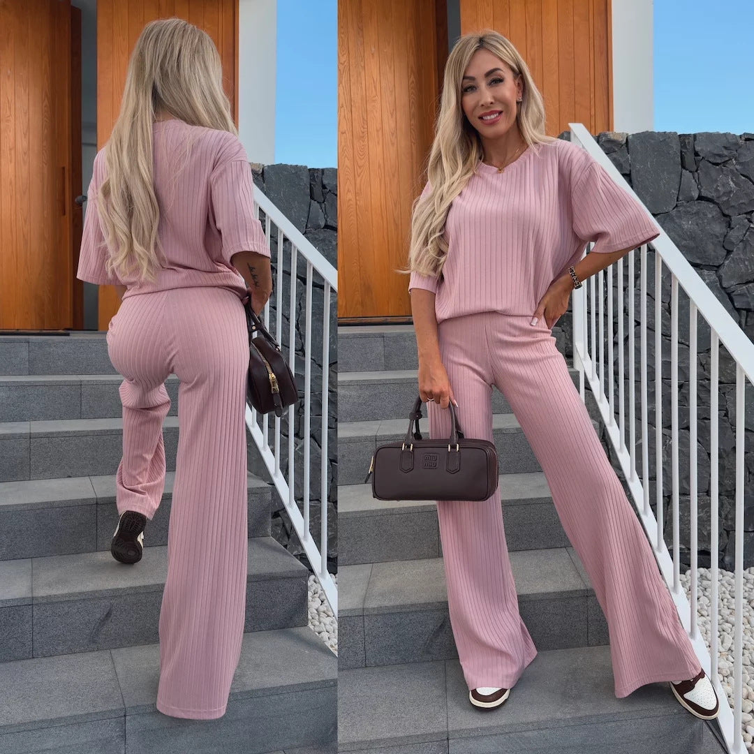 Damen Elegantes Loungewear-Set mit Rippstruktur und weitem Bein Heidi-Mode