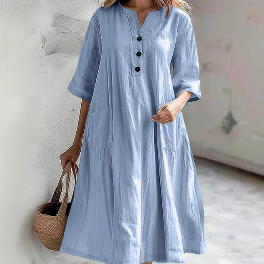 Damen lässiges Baumwollkleid mit Knopfleiste und praktischen Taschen Heidi-Mode