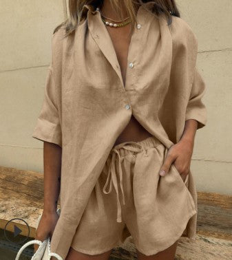 Damen lässiges Leinen-Set mit oversized Hemd und kurzen Hosen Heidi-Mode