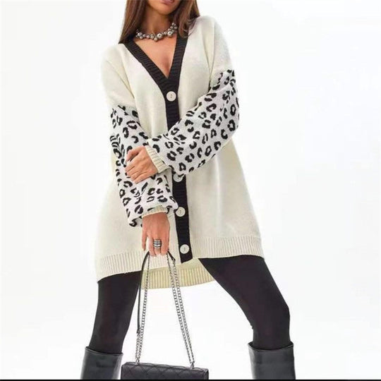 Damen Grobstrick Cardigan mit Leopardenmuster und Knopfdetaillierung Heidi-Mode