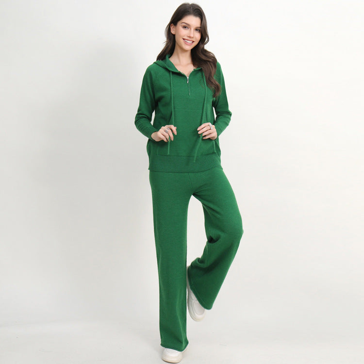 Damen lässiges Strick-Loungewear-Set mit Kapuze und weitem Bein Heidi-Mode