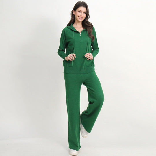 Damen lässiges Strick-Loungewear-Set mit Kapuze und weitem Bein Heidi-Mode