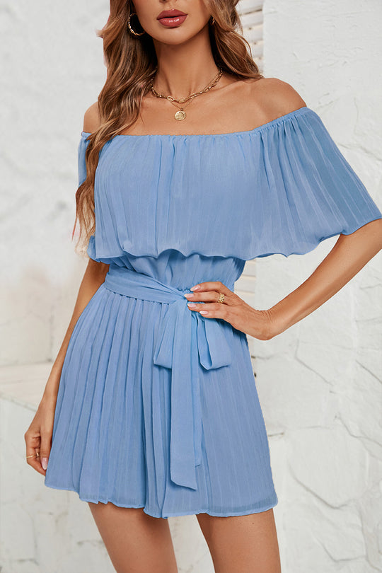 Damen Off-Shoulder Playsuit mit fließenden Falten und tailliertem Gürtel Heidi-Mode