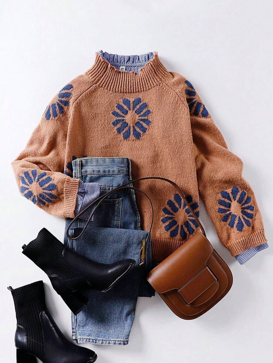 Damen Strickpullover mit floralem Motiv und modernem Rundhalsausschnitt Heidi-Mode