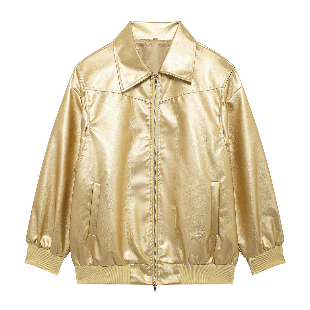 Damen Kunstlederjacke mit elastischen Bündchen und hochschließendem Kragen Heidi-Mode