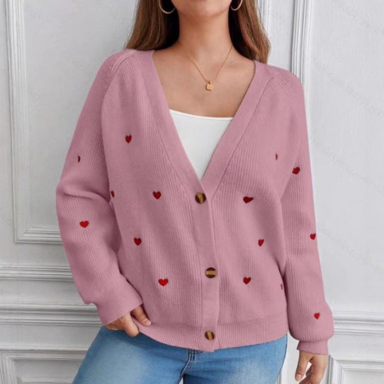 Damen Strickjacke mit Herzapplikationen und Knopfdesign Heidi-Mode