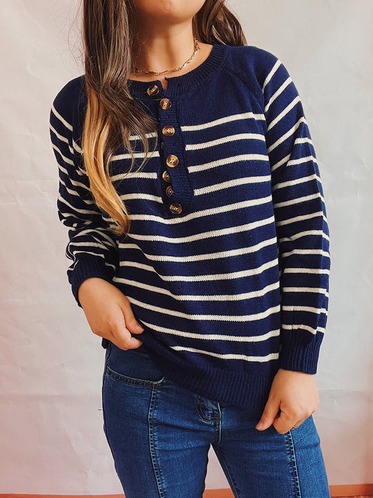 Damen gestreifter Strickpullover mit Knopfdetails und lässigem Schnitt Heidi-Mode