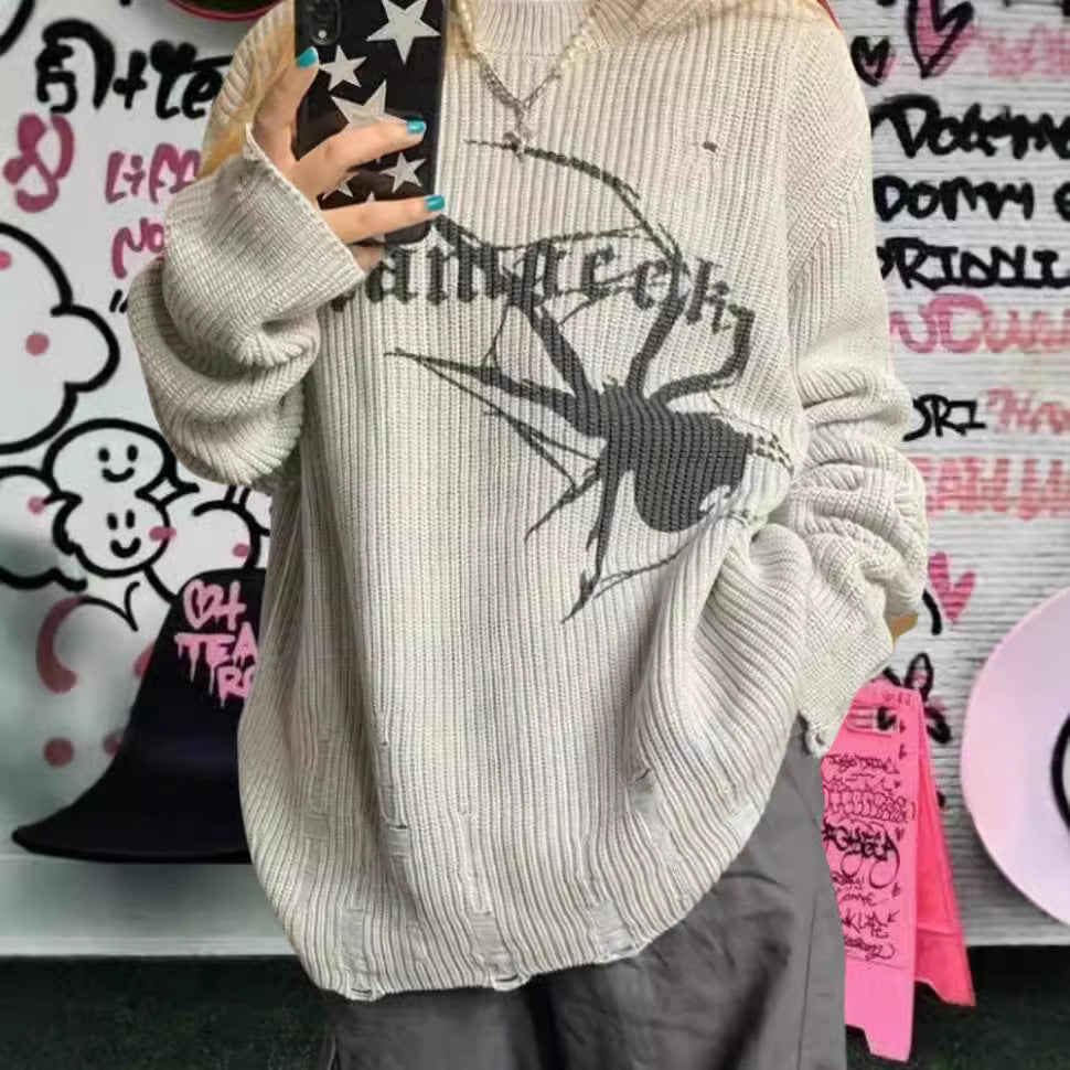 Damen Oversized Strickpullover mit auffälligem Spinnenmuster Heidi-Mode