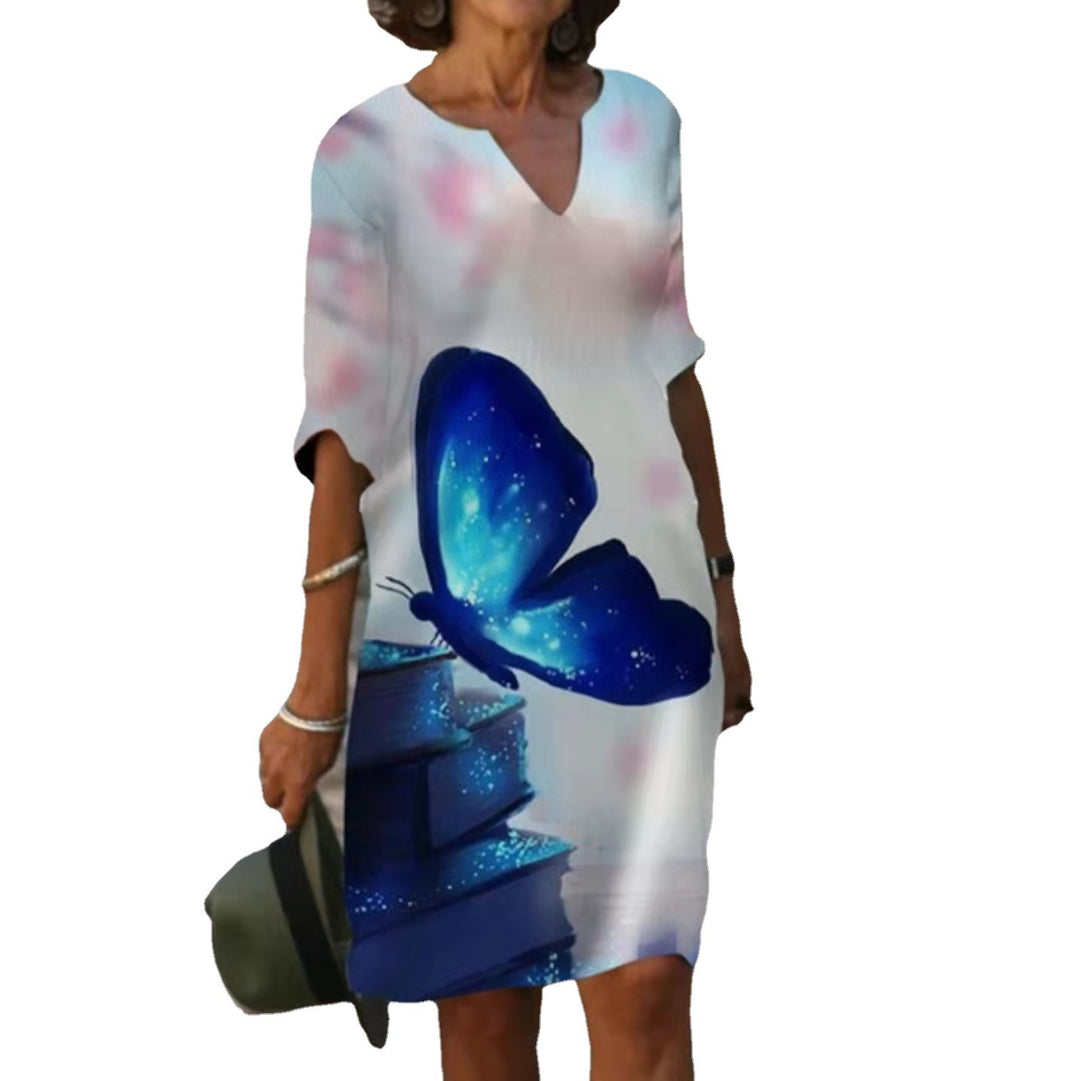 Damen Floral Druck Midi Kleid mit V-Ausschnitt und kurzen Ärmeln Heidi-Mode