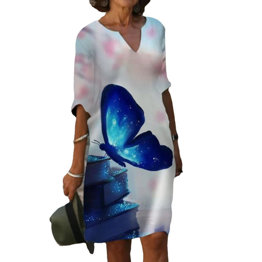 Damen Floral Druck Midi Kleid mit V-Ausschnitt und kurzen Ärmeln Heidi-Mode