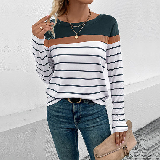 Damen Langarmshirt mit modischem Streifenmuster und kontrastierendem Oberteil Heidi-Mode