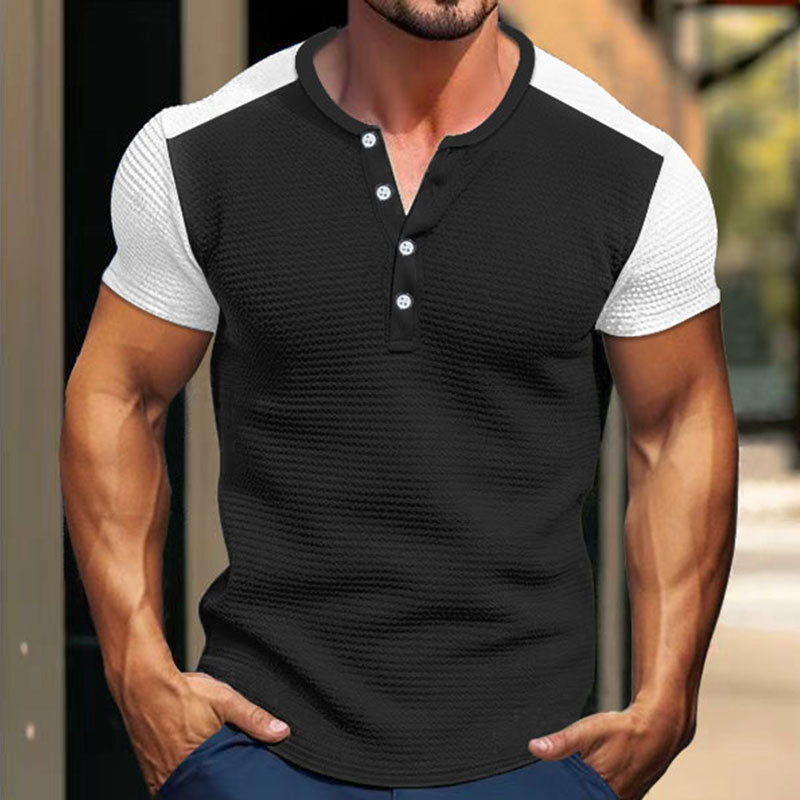 Herren Kurzarm-Hemd mit modischem Henley-Kragen und Kontrastärmel Heidi-Mode