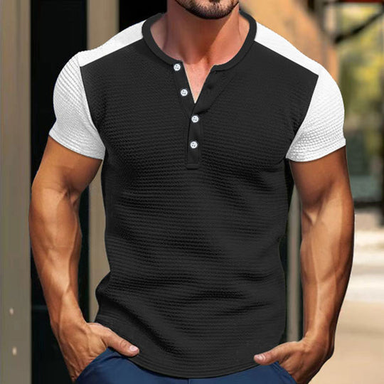 Herren Kurzarm-Hemd mit modischem Henley-Kragen und Kontrastärmel Heidi-Mode