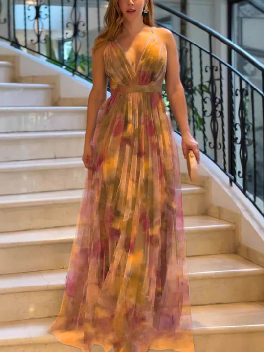 Damen Maxi-Kleid mit tiefem V-Ausschnitt und schwingendem Rock Heidi-Mode