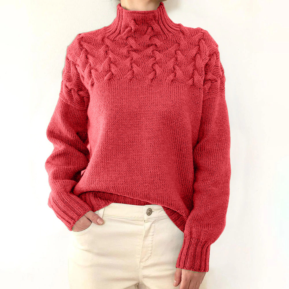 Damen Strickpullover mit hochgeschlossenem Kragen und trendigem Zopfmuster Heidi-Mode
