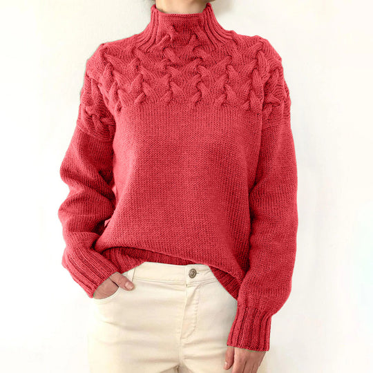 Damen Strickpullover mit hochgeschlossenem Kragen und trendigem Zopfmuster Heidi-Mode