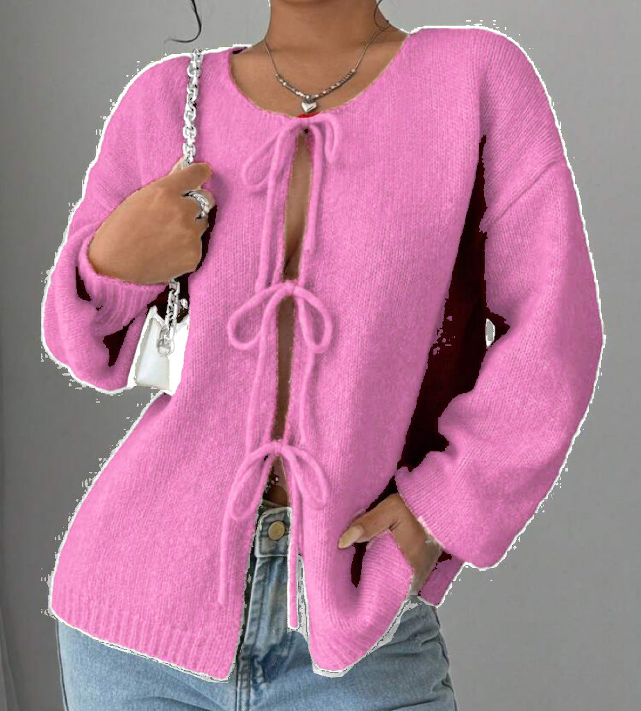 Damen Oversized Strickpullover mit dekorativem Schnürdetail Heidi-Mode