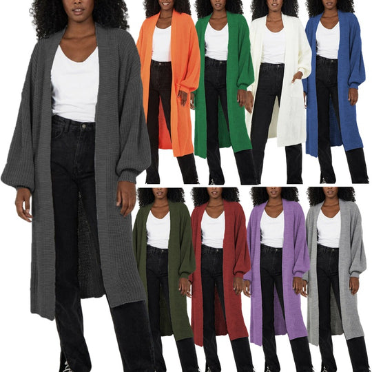 Damen Langer Strickcardigan mit voluminösen Ärmeln und offenem Schnitt Heidi-Mode