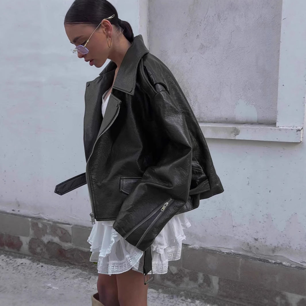 Damen Oversized Kunstlederjacke mit asymmetrischem Reißverschluss Heidi-Mode
