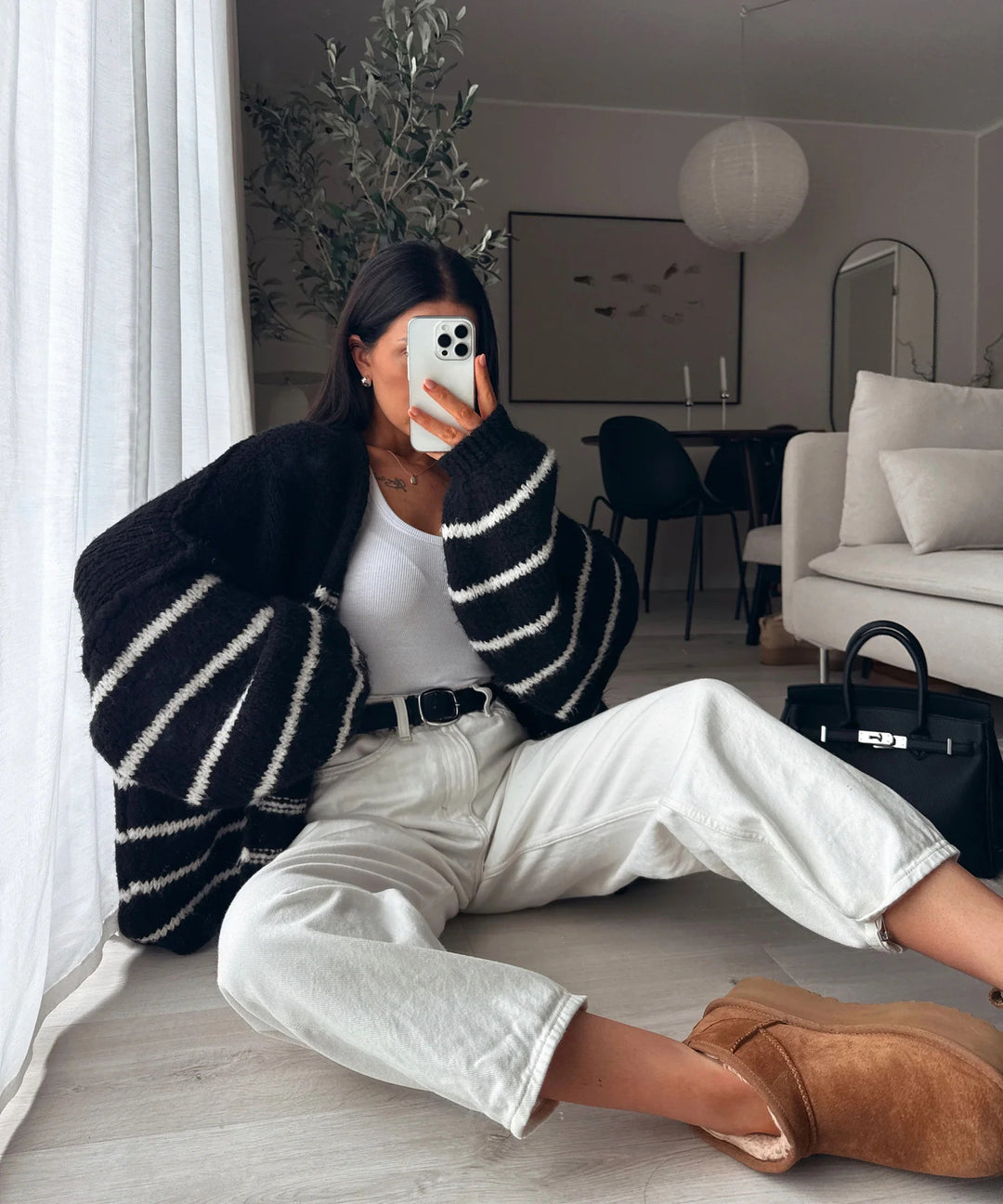 Damen Oversize Strickjacke mit gestreiftem Design und voluminösen Ärmeln Heidi-Mode
