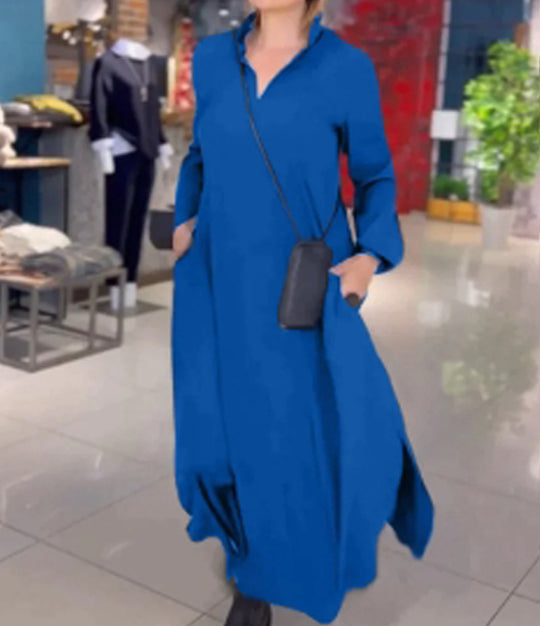 Damen Maxikleid mit praktischen Seitentaschen und modernem Hemdblusenkragen Heidi-Mode