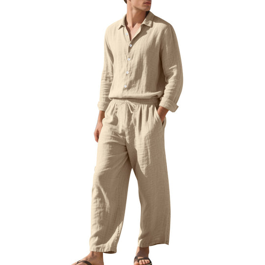 Herren Leinen-Loungeanzug mit elastischem Bund und praktischem Knopfdesign Heidi-Mode
