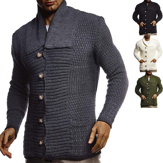 Herren strukturiertes Strickoberteil mit großem Kragen und praktischen Taschen Heidi-Mode