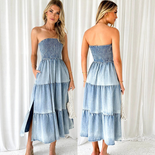 Damen Maxi Kleid mit strukturierter Oberpartie und weit schwingendem Rock Heidi-Mode