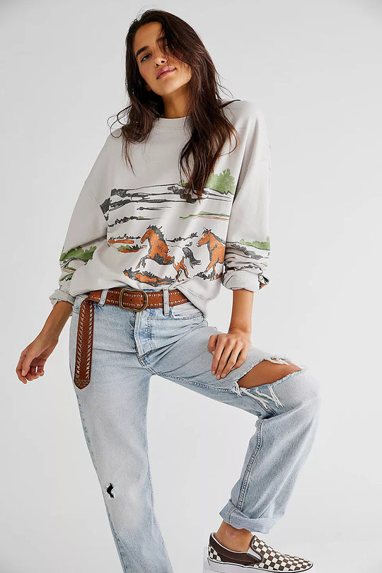 Damen Sweatshirt mit kreativer Pferdemotiv-Grafik und lässigem Schnitt Heidi-Mode