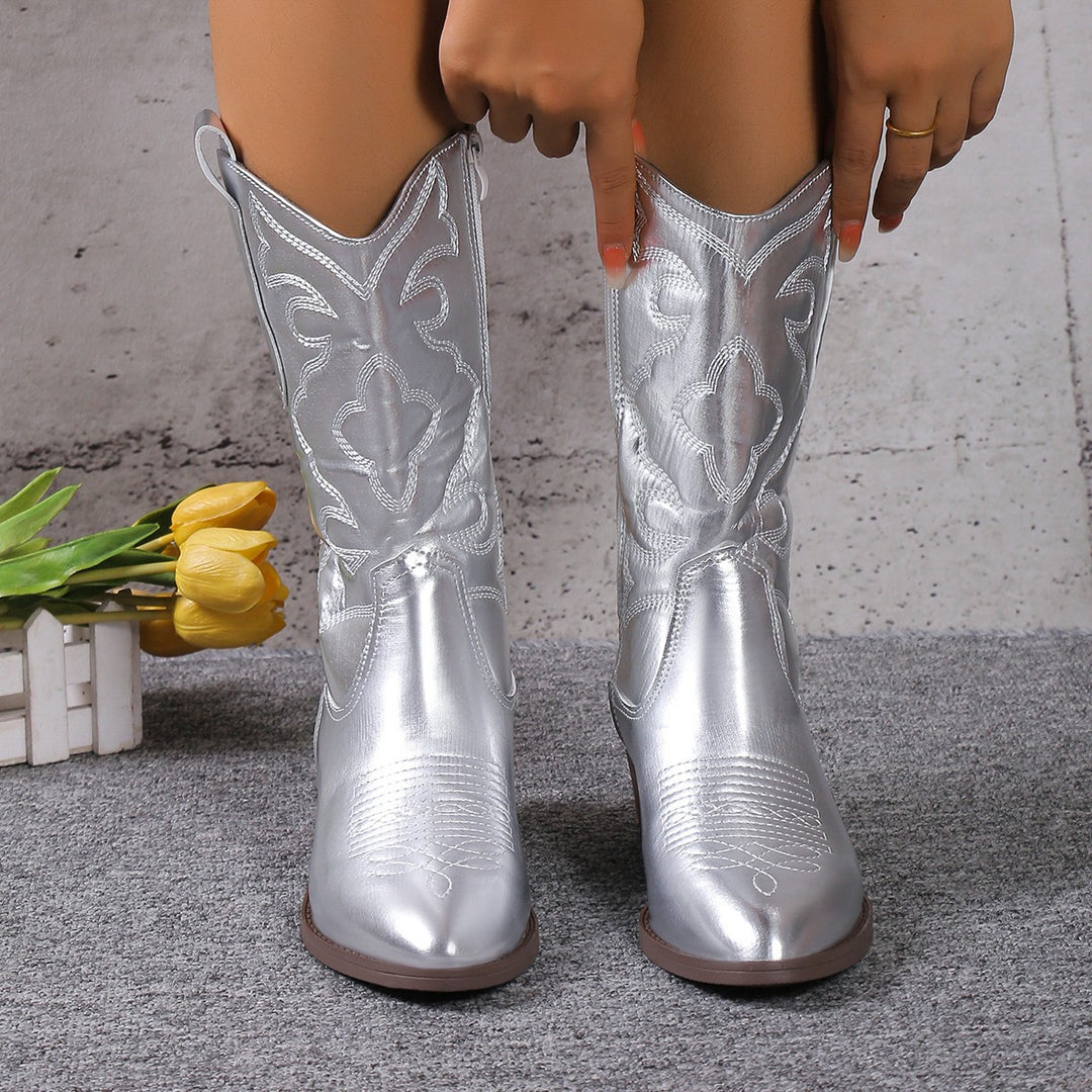 Damen Cowboy-Stiefel mit kunstvollem Stickdesign und modischem Glanz Heidi-Mode