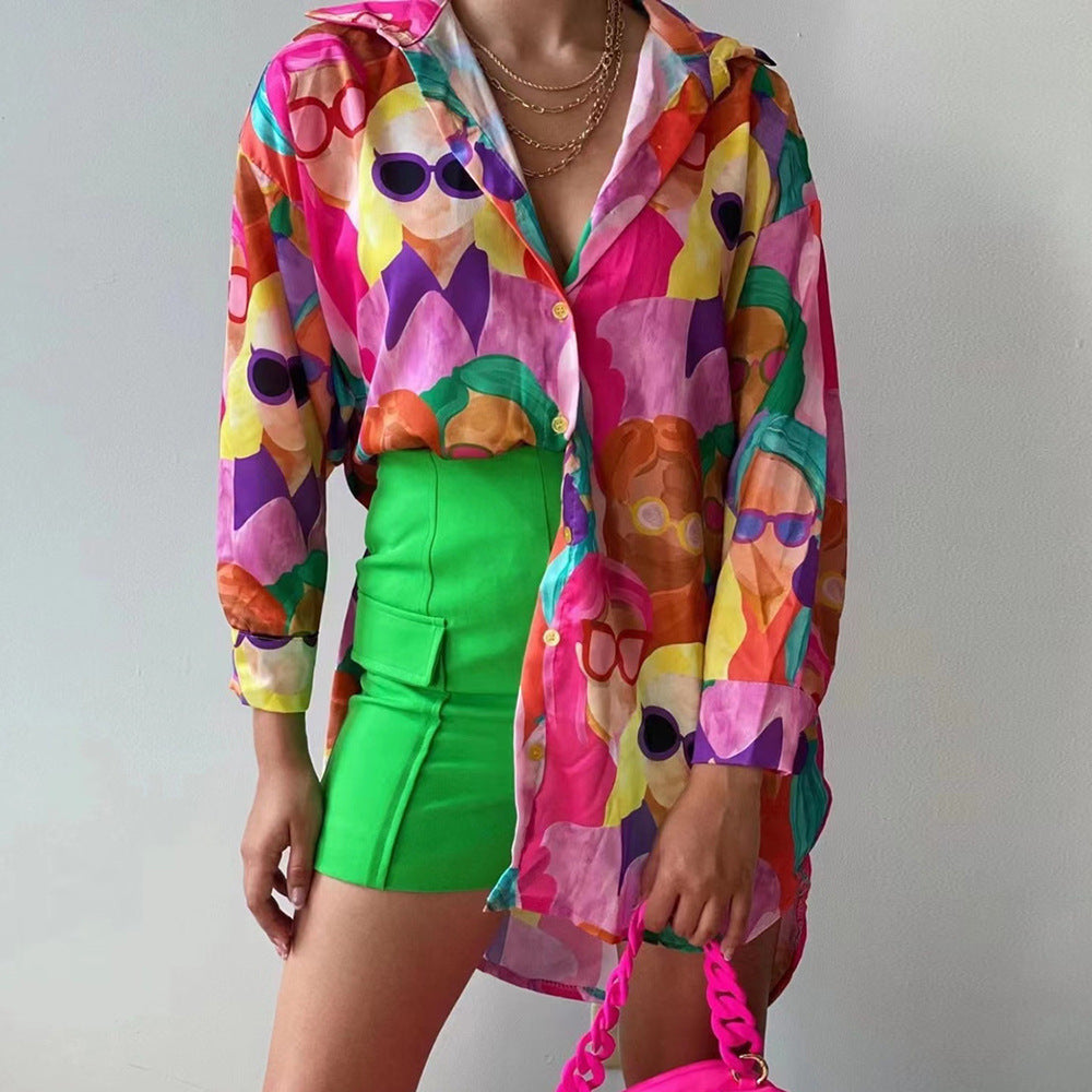 Damen Oversized Bluse mit buntem Grafikdruck Heidi-Mode