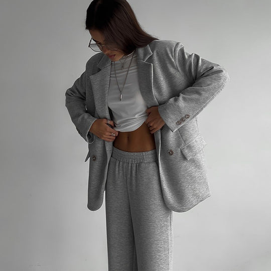 Damen elegantes lässiges Zweiteiliges Set mit oversized Blazer und weit geschnittenen Hosen Heidi-Mode