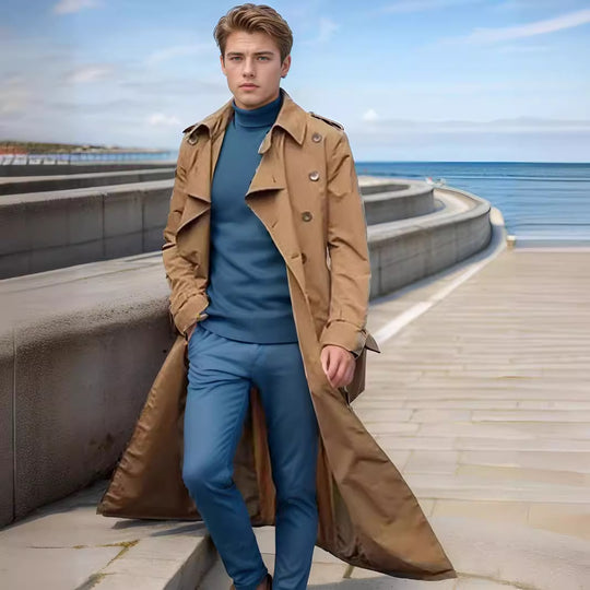 Herren langer Trenchcoat mit modernem Schnitt und praktischen Taschen Heidi-Mode