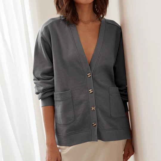 Damen lässige Strickjacke mit tiefem V-Ausschnitt und großen Taschen Heidi-Mode