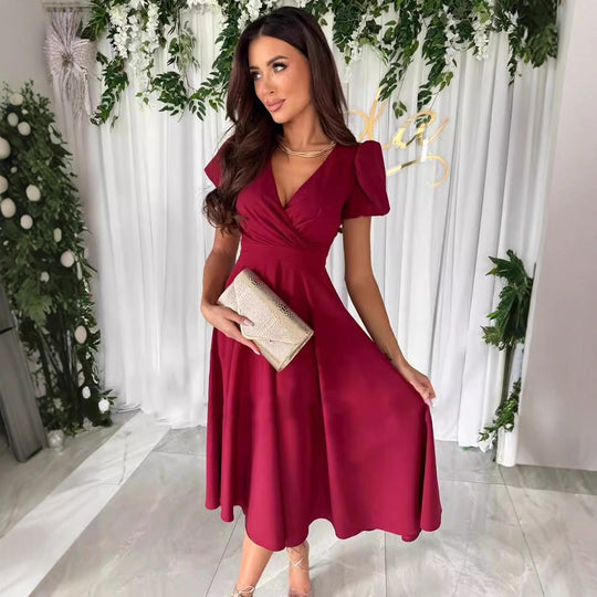 Damen elegantes Midikleid mit Wickeloptik und ausgestelltem Rock Heidi-Mode