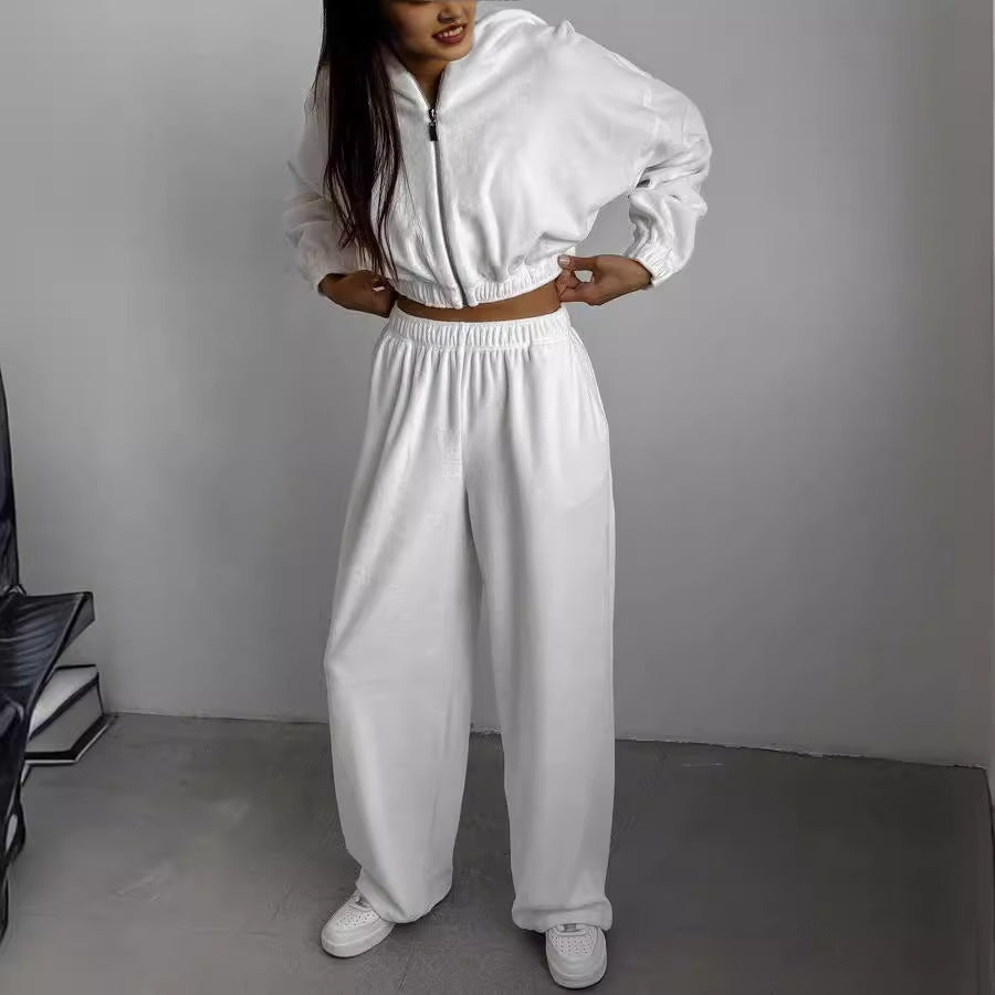 Damen Sportliches Cropped Sweatshirt und Jogginghose Set mit elastischem Bund Heidi-Mode